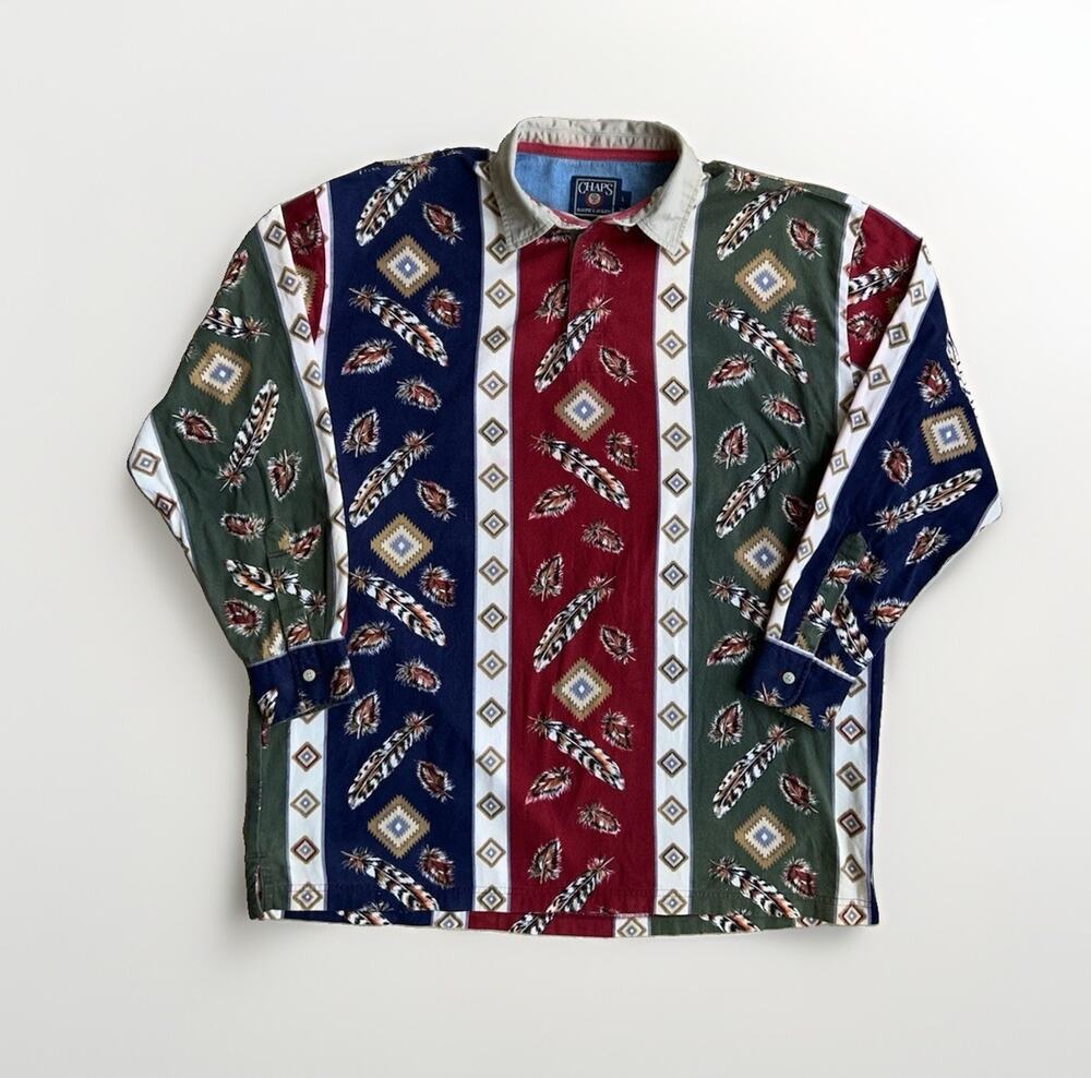 Vtg Chaps Ralph Lauren Country Aztec Navajo Rugby Shirt Men's Large Cotton 90s